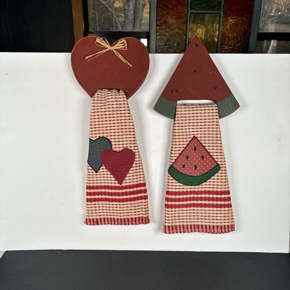 Country Cabin Cottage Core Towel Hangers With Towels Hearts & Watermelon Design - Picture 1 of 16